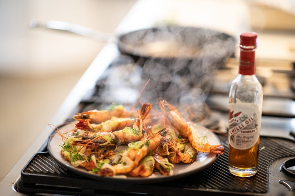 Beer Steamed Prawns with Chilli Oil and Lemon