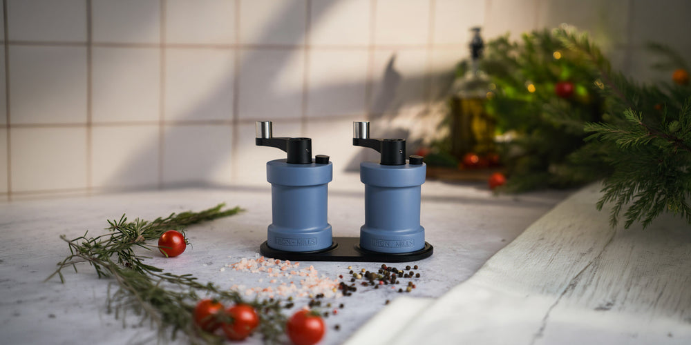 Pair of quality cast iron salt and pepper mills in pigeon blue. The perfect gift for mothers day!
