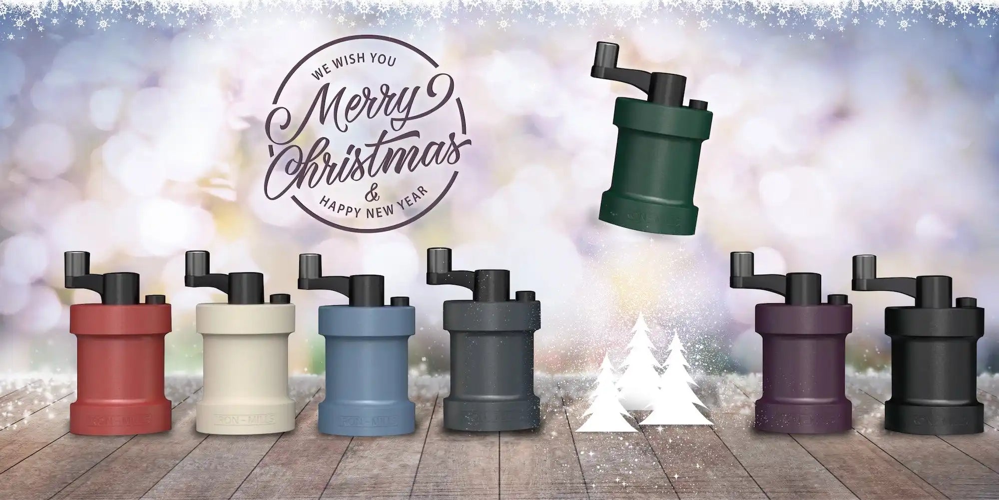 Merry Christmas - Our full range of Iron-Mills Colours. Cast Iron Salt & Pepper Grinders in Red, Cream, Anthracite Grey, Pigeon Blue, Purple, Green and Black.