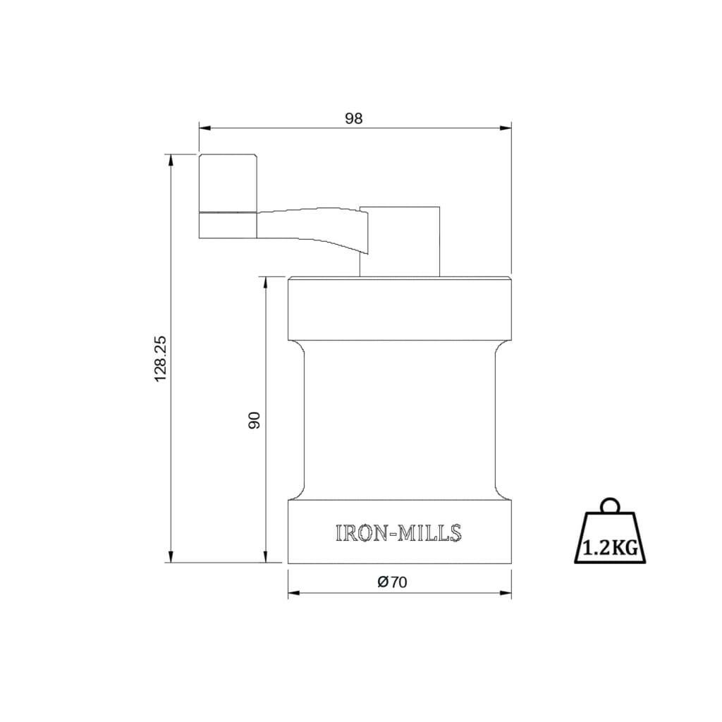 Line drawing of the Iron-Mills brushed stainless steel salt mill with weights and dimensions for technical details