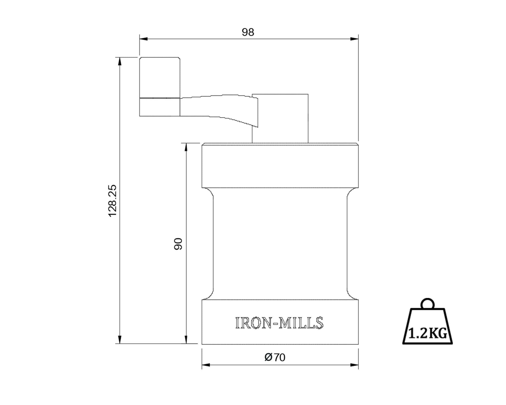 Line drawing of the Iron-Mills oyster white salt mill with weights and dimensions for technical details