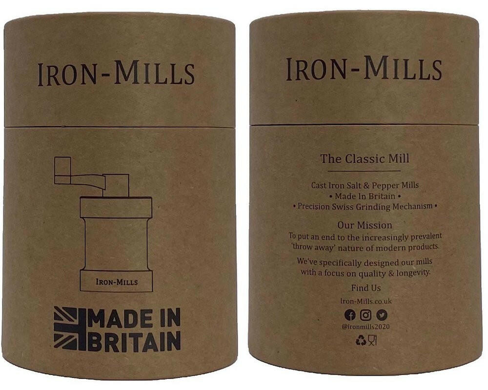 Iron-Mills pigeon blue salt and pepper mills packaged in eco-friendly brown craft tubes