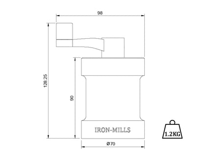 Line drawing of the Iron-Mills purple salt mill with weights and dimensions for technical details