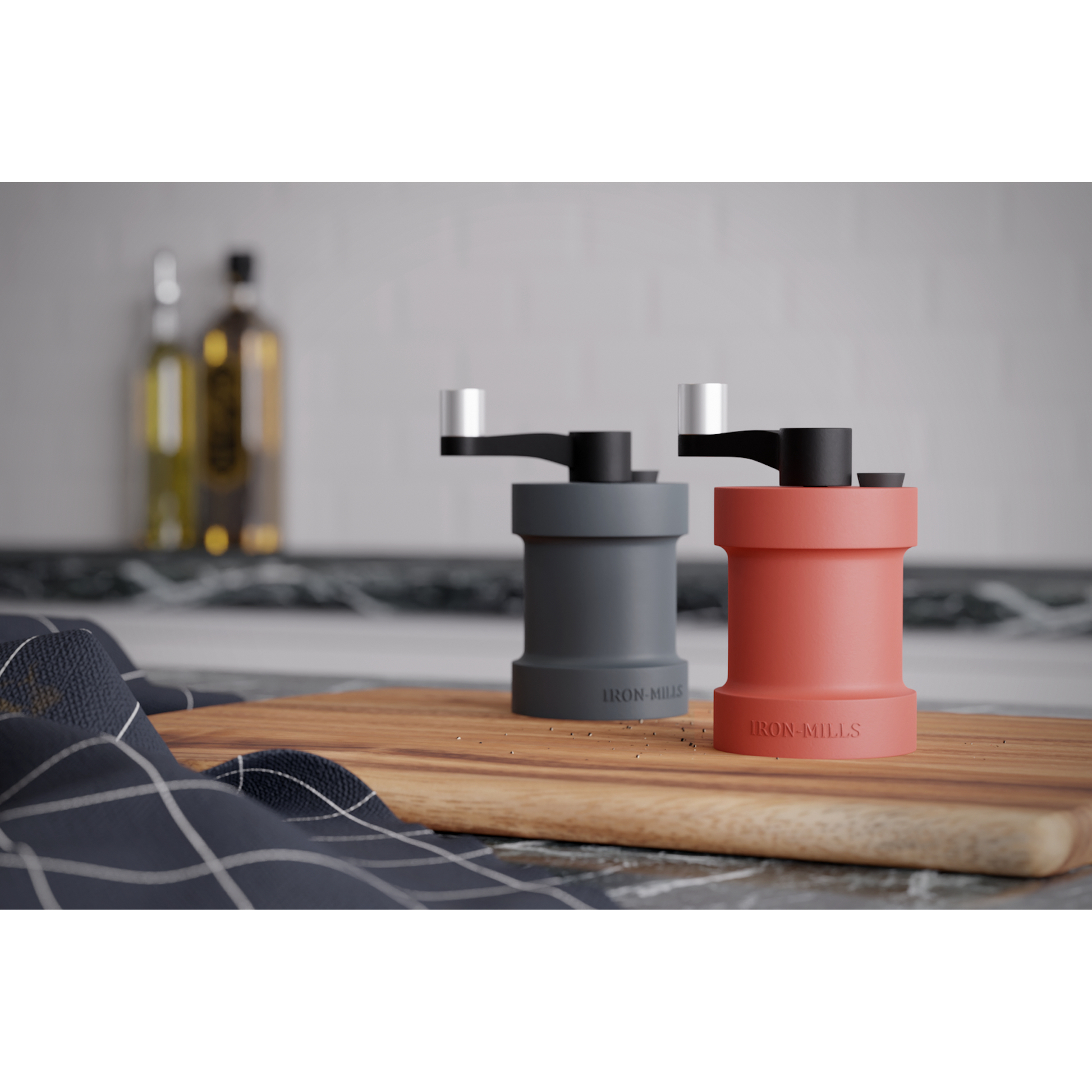 Anthracite Grey & Coral Red Cast Iron Salt and Pepper Mill Set with Crank Handle