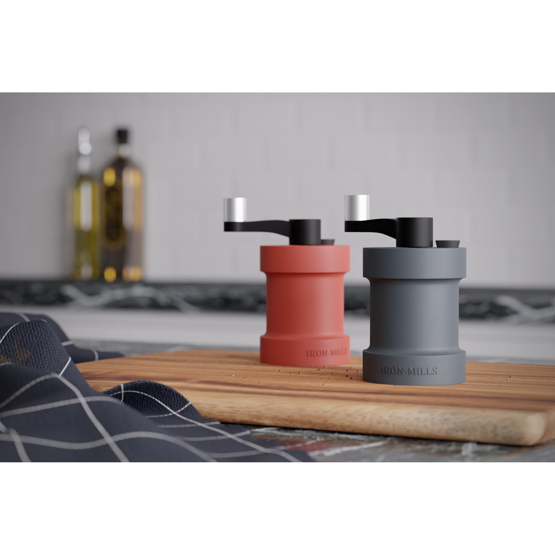 Coral Red & Anthracite Grey Cast Iron Salt and Pepper Mill Set with Crank Handle