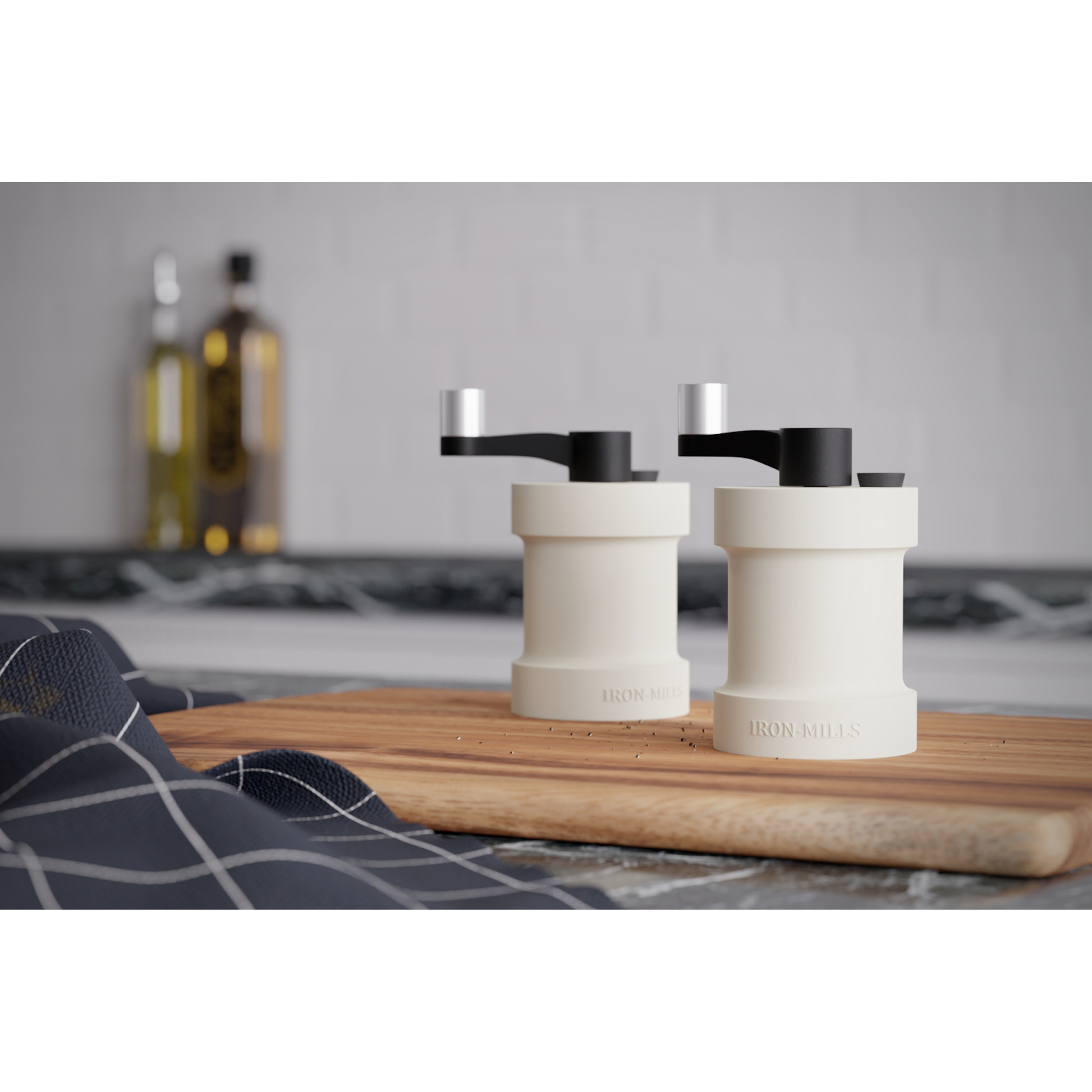 Oyster White Cast Iron Salt and Pepper Mill Set with Crank Handle