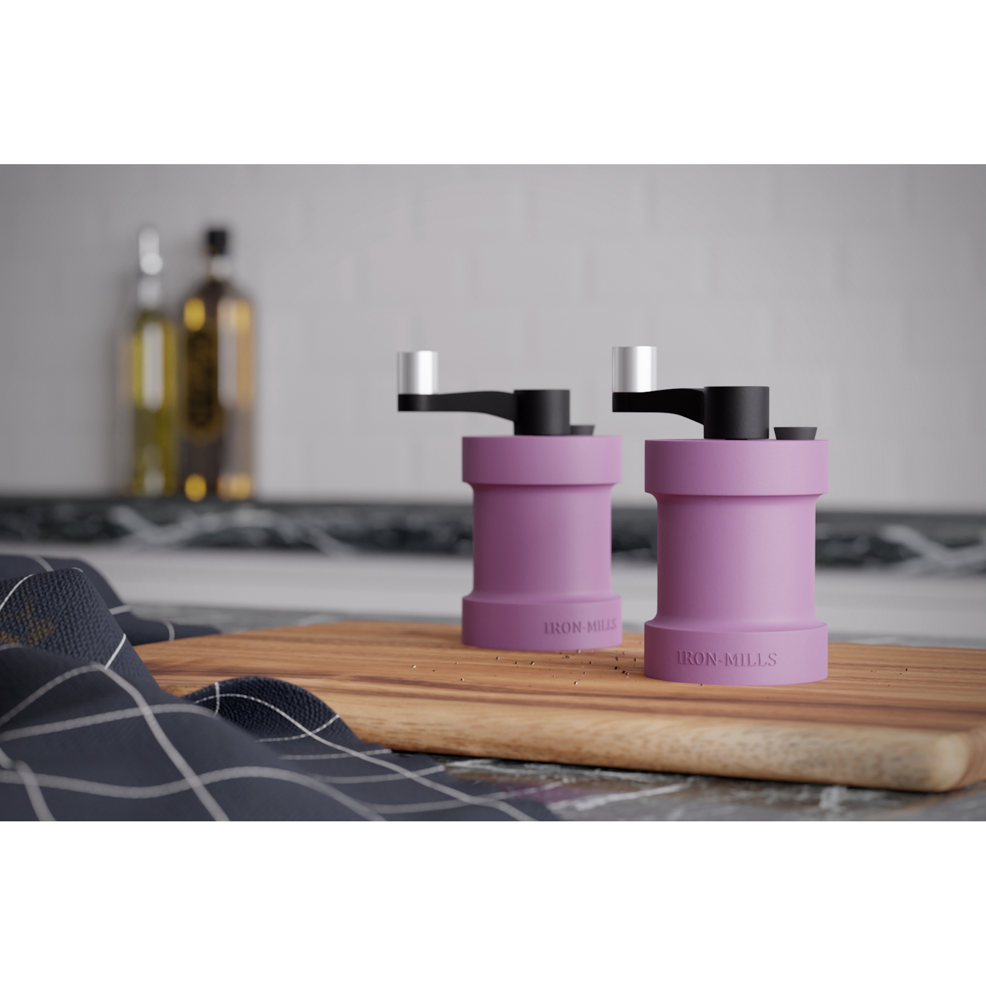 Purple Cast Iron Salt and Pepper Mill Set with Crank Handle